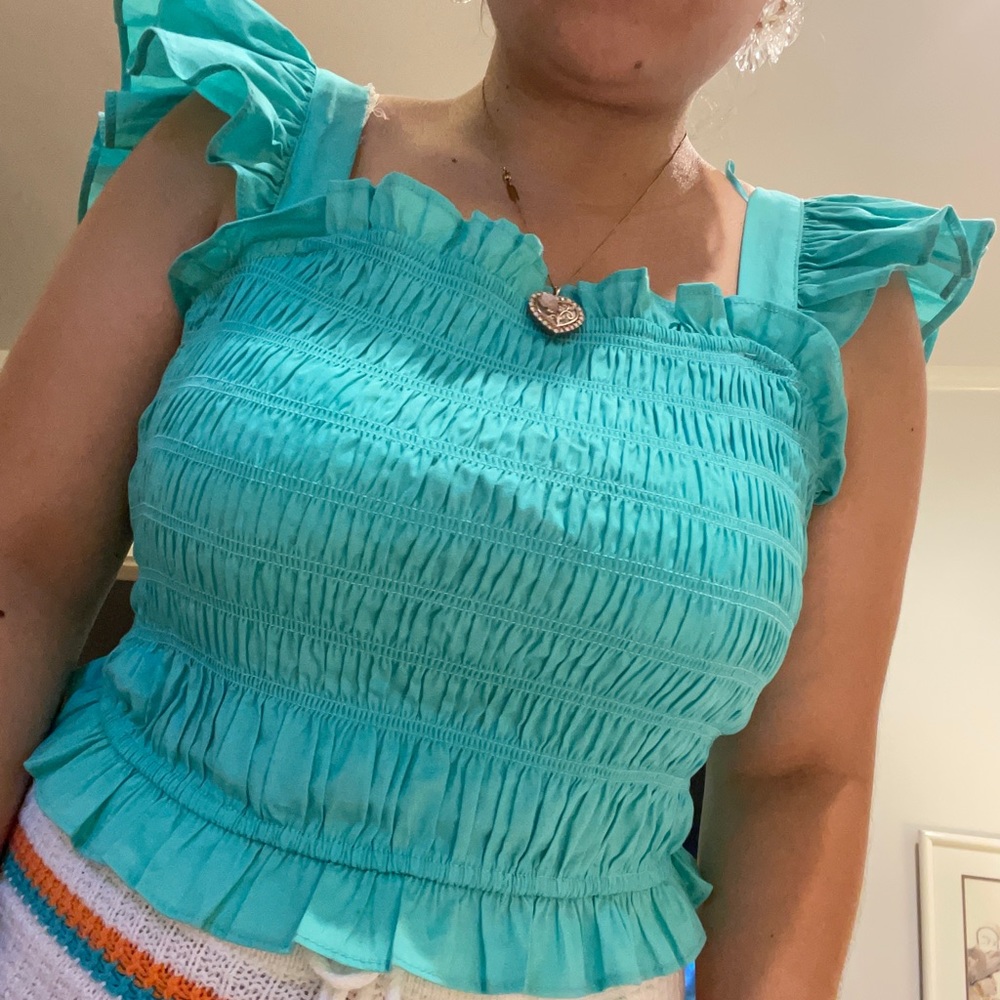 Aqua cotton like new blouse adjustable bow